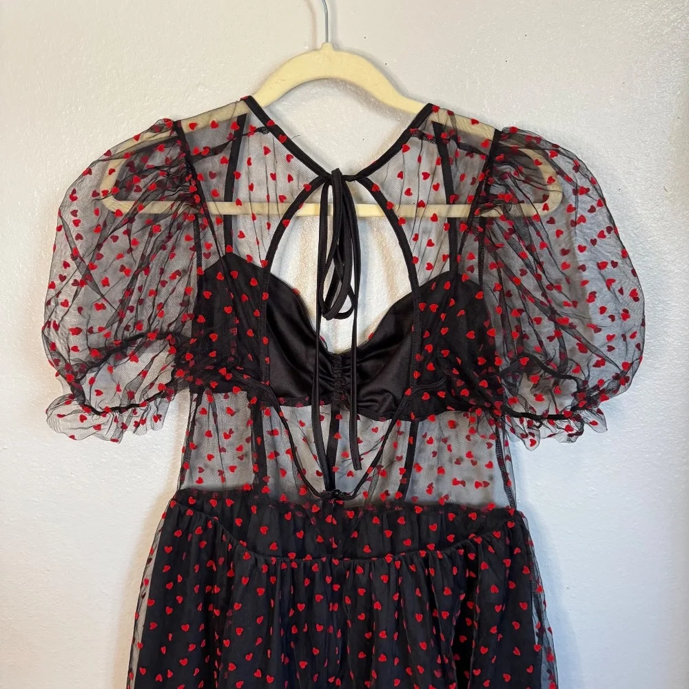 SHEIN Puff Sleeve Black with Red Heart Mesh Dress Sweetheart Neckline - Picture 4 of 5